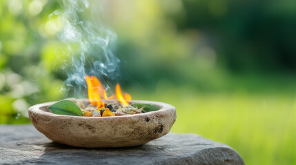 Aromatic herbs burning in a natural bowl outdoors