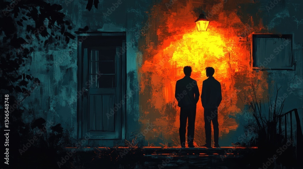 Poster two men stand in front of a building at night, with a calm atmosphere