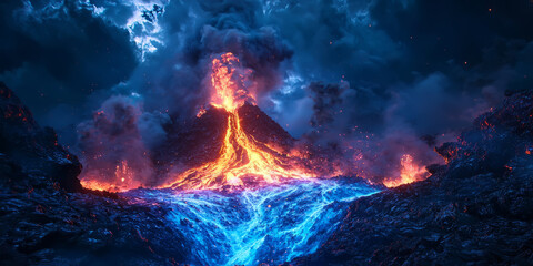 Sci-fi inspired volcanic eruption on an alien planet, blue lava flowing with neon-colored explosions