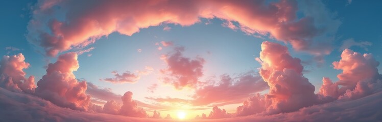 360 degree seamless panorama of sunset sky with bright glowing pink cumulus clouds. Full zenith or sky dome for 3D visualization, sky replacement for aerial drone panoramas.