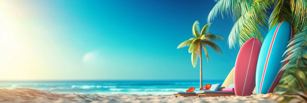 beach with surfboards, flip-flops, and sun loungers under bright sunlight, summer holiday theme