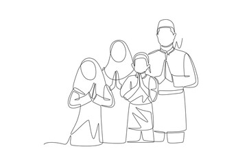 Family celebrating Eid al-Fitr. Family in eid al fitr concept one-line drawing