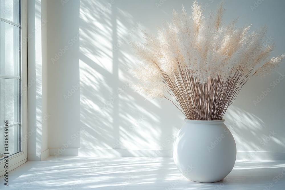 Poster a simple still life scene featuring a white vase filled with dry grass placed next to a window