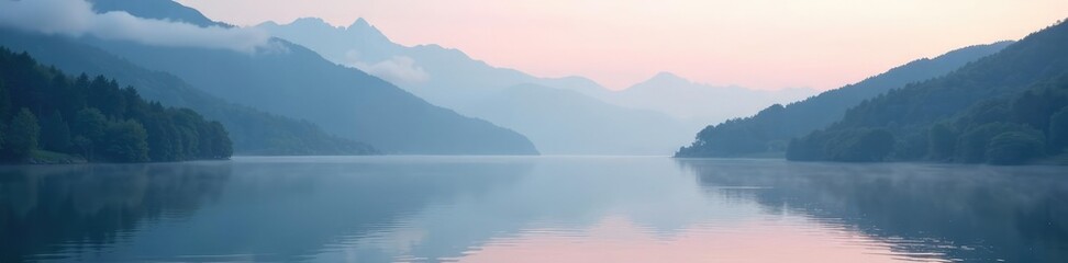 Fototapeta premium Fog creeps up foothills beside calm lake surface, slope, serenity, natural
