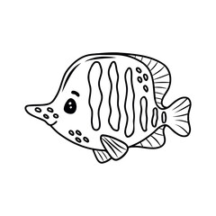 Vector illustration of a fish. Contoured black and white vector illustration of a fish isolated on a white background. It can be used in coloring book, web design, marine illustration, mascot.