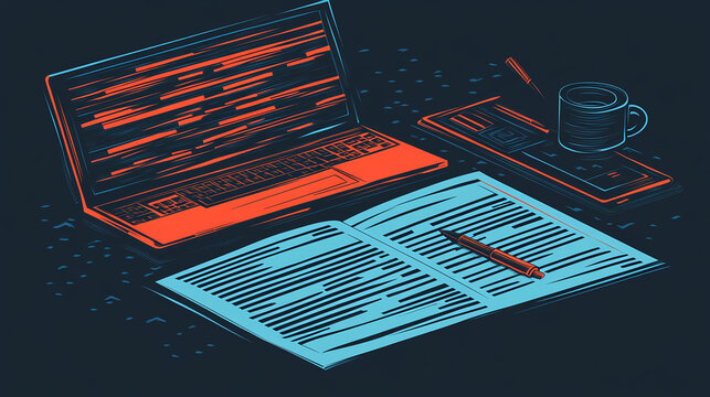 Writing a research paper online workspace digital content creative environment top-down view academic concept