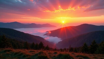 Fototapeta premium Foggy landscape of the Harz mountains at sunset, serenity, sunsets
