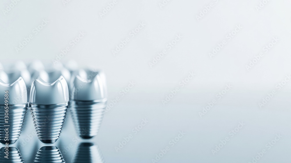Poster Dental implants displayed on a smooth white background showcasing metallic and ceramic components with space for text Generative AI