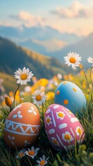 Charming mountain landscape with festive Easter eggs