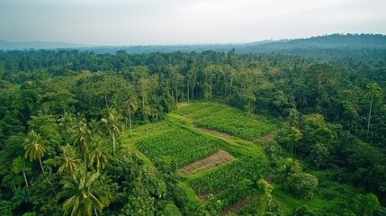 Lush greenery aerial view of a tropical forest and cultivated plots