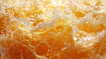 Orange liquid splashing, bubbles, close-up