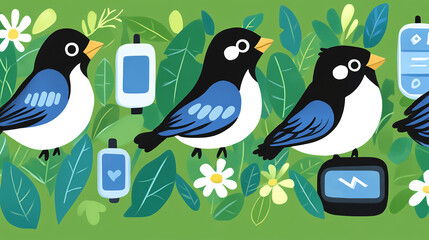 Colorful birds with tech gadgets in a lush green garden - digital illustration nature vibrant design
