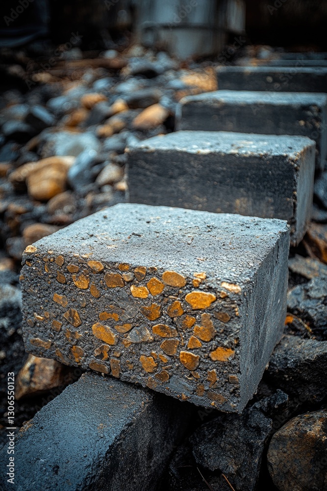Poster A stack of cement blocks resting on top of a pile of rocks, perfect for use in construction or architecture photography