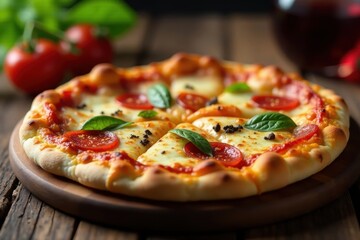 Crispy crust pizza, rich red wine, warm wood grain, still life, crispy crust, rustic