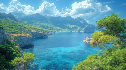 View of the ocean and surrounding mountains from the top of a hill, ideal for travel or outdoor adventure imagery