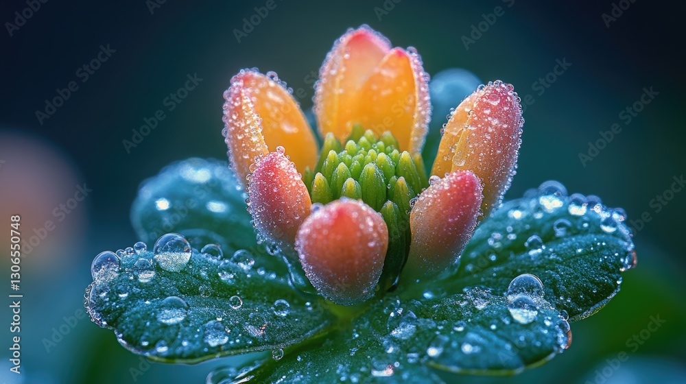 Poster a close-up shot of a flower with tiny water droplets on its petals, perfect for use in a scientific 