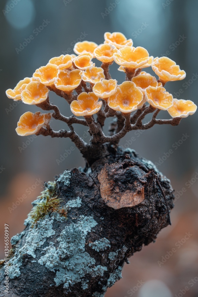 Poster A close-up view of a mushroom growing on a tree branch, perfect for use in nature-inspired designs and illustrations