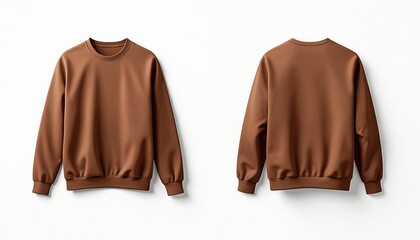 Brown long sleeve sweatshirt mockup, front, back views. Plain apparel, casual clothes, unisex clothing, cotton fabric pullover. Fashion blank garment, comfortable cosy outfit, trendy stylish casual