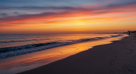 Obraz premium virginia beach beautiful sunset over the beach with waves and orange sky