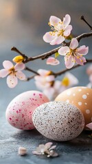 Obraz premium Delicate Easter eggs with blossoms on muted canvas