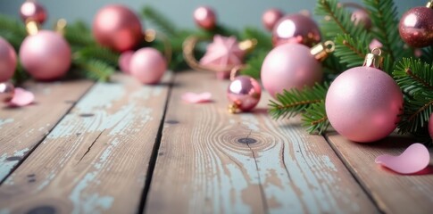 Pastel pink ornaments and garlands adorn a rustic wooden table, childhood nostalgia, garlands, whimsical