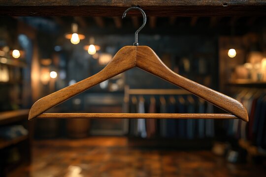 A wooden hanger displayed in a clothing store, suggesting a wide range of clothing options