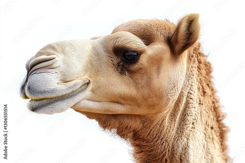 Poster a close-up shot of a camel's face on a white background