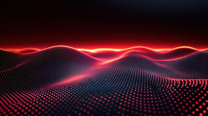 Glowing red light waves create mesmerizing digital landscape with dots, evoking sense of depth and movement. This vibrant background is perfect for technology themes