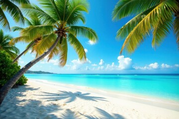 Fototapeta na wymiar White sand beach, turquoise water, palm trees, palm, blue, photography