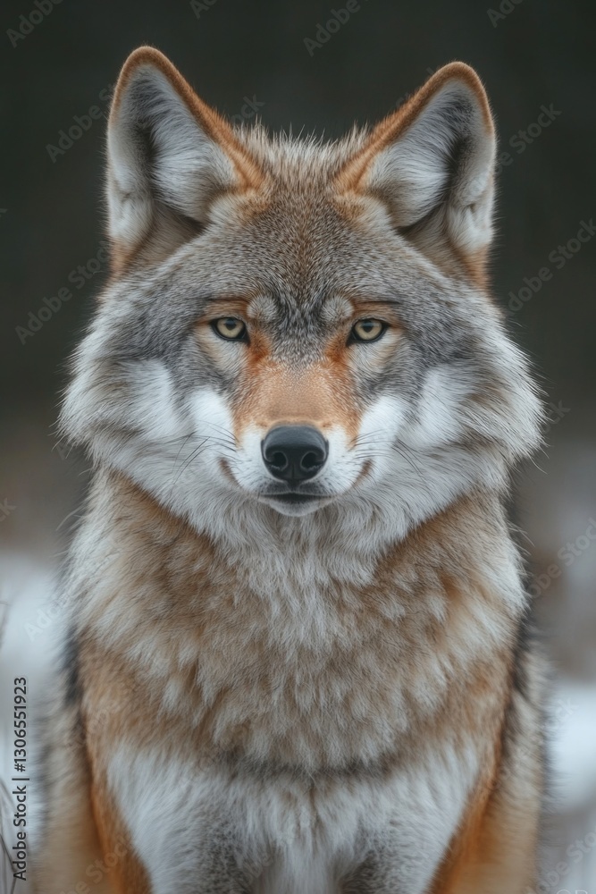 Poster a close-up view of a wolf's face in snowy surroundings