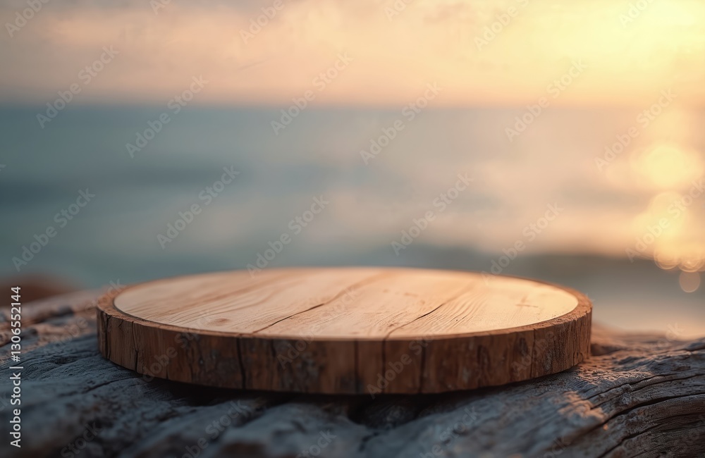 Poster empty wooden table on blurred sea background for product display. round dais, pedestal on beach, sum