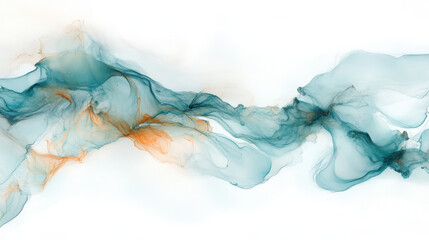 An elegant abstract expression of ink and water in motion, delicate waves of aquamarine and burnt sienna intertwining, sharp contrast against a pure white background