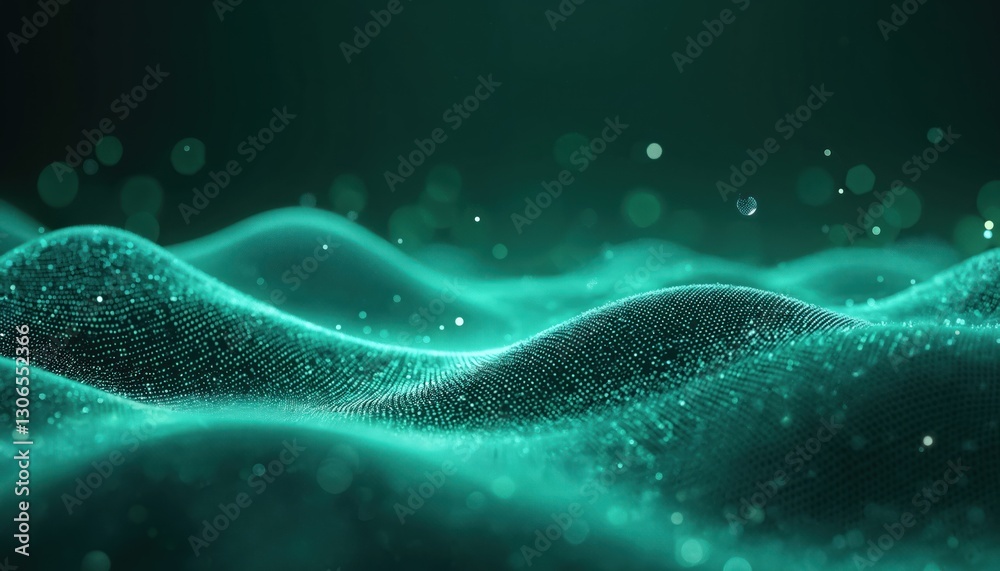 Aufkleber Abstract digital landscape with glowing dots, lines on green. Futuristic tech background with datum transfer, speed concept. Network wireframe mesh design, teal tones, innovative backdrop, ideal for
