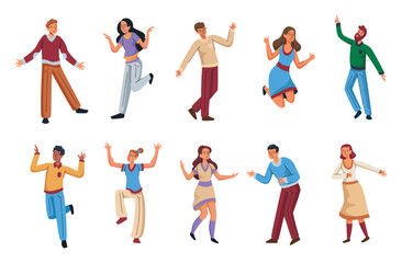 A variety of cheerful and vibrant characters are joyfully dancing and celebrating together