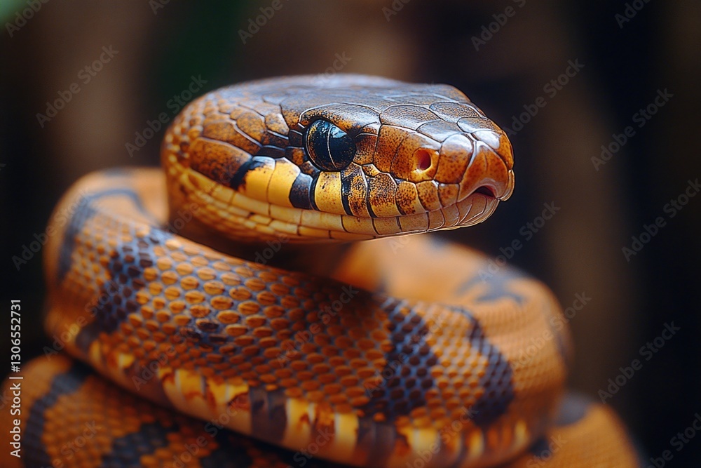 Poster a close-up view of a snake's head resting on a rock, with intricate details