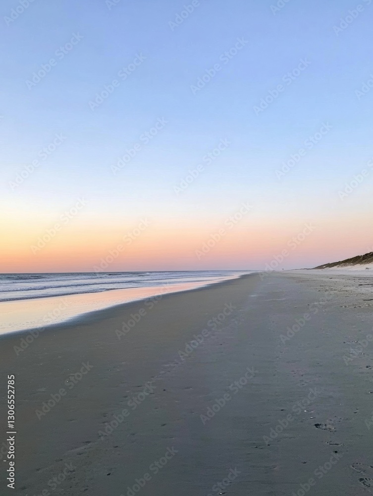 Poster Tranquil sunset at an empty beach with a vast stretch of sand and a serene horizon ready for reflection Generative AI