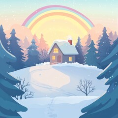Fototapeta premium Winter landscape with a cozy house nestled in a snowy forest, under a rainbow, sunrise.