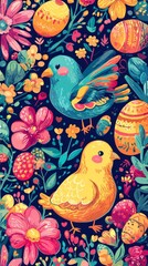 Colorful birds and eggs among flowers in vibrant art