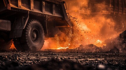 Close Up of Coal Being Poured from Large Dump Truck into Storage Pile