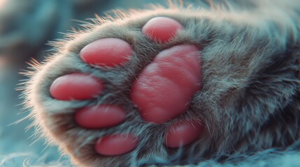 Delicate feline foot, furry texture and soft pink toe beans close-up detail
