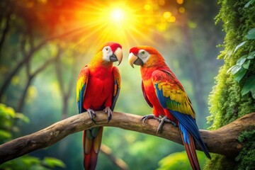 Vibrant Scarlet Macaws Perched on a Branch, Basking in the Warm Glow of a Tropical Sunset