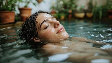 Fototapeta premium A serene scene captures a woman lying gracefully in calm, crystal-clear water, her hair floating around her like seaweed, as sunlight dances on the surface, creating a tranquil atmosphere.