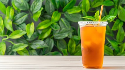 Refreshing Iced Tea with Mint on Wooden Table Surrounded by Greenery