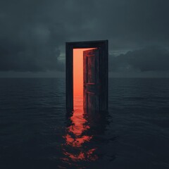 Glowing Doorway in Dark Ocean at Dusk