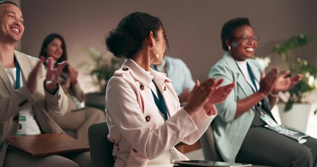 Happy, business people and meeting with applause for presentation, well done or team promotion at seminar. Group, employees or audience clapping with smile for good job, thank you or congratulations