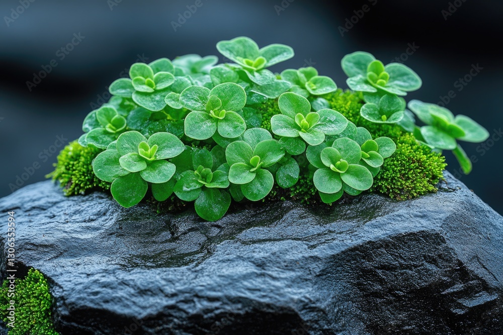 Poster a detailed view of a plant growing on a rock, suitable for use in nature and environmental contexts