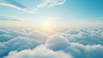 Fototapeta premium serene view of fluffy clouds under bright blue sky, with sun rising on horizon, creating peaceful and uplifting atmosphere