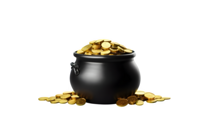 Black cauldron overflowing with gold coins and shamrock leaves for St. Patrick's Day, perfect for designs, banners, or invitations. Digital artwork.