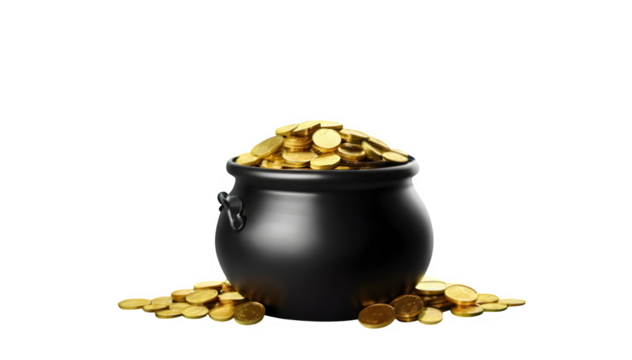 Black cauldron overflowing with gold coins and shamrock leaves for St. Patrick's Day, perfect for designs, banners, or invitations. Digital artwork.