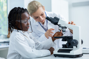 Teacher and a student working in a school scientific laboratory